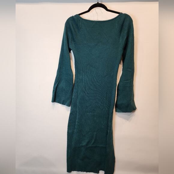 New Teal Green Bodycon Knit Sweater Dress Stretch Bell Sleeves Size XL - Picture 7 of 8